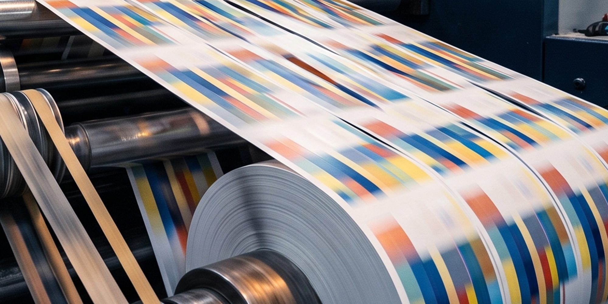 Printed sheets passing through a press in the middle of a production run.