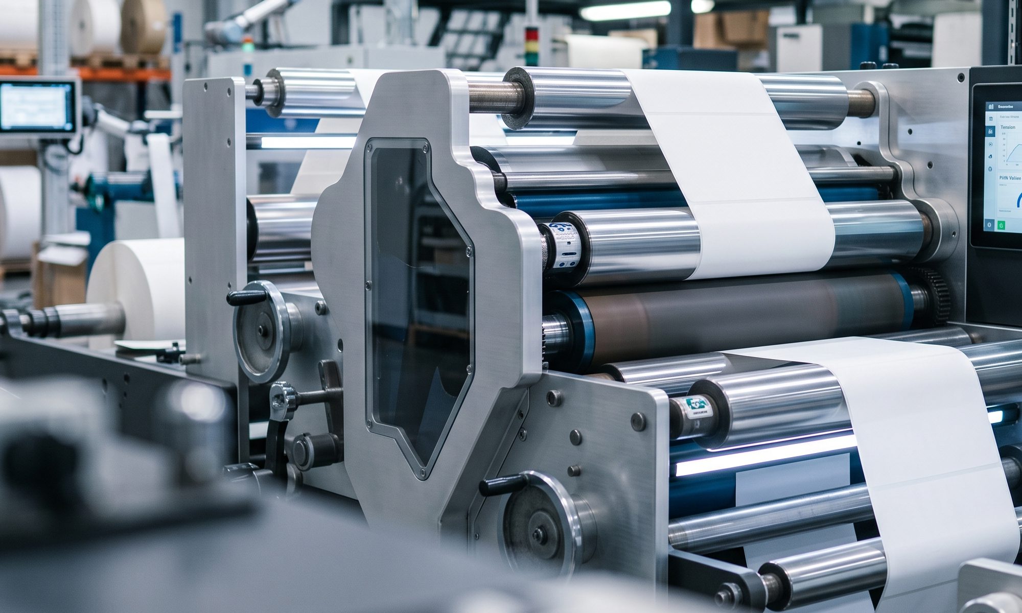 A label printing press running a continuous web of material through its rollers.