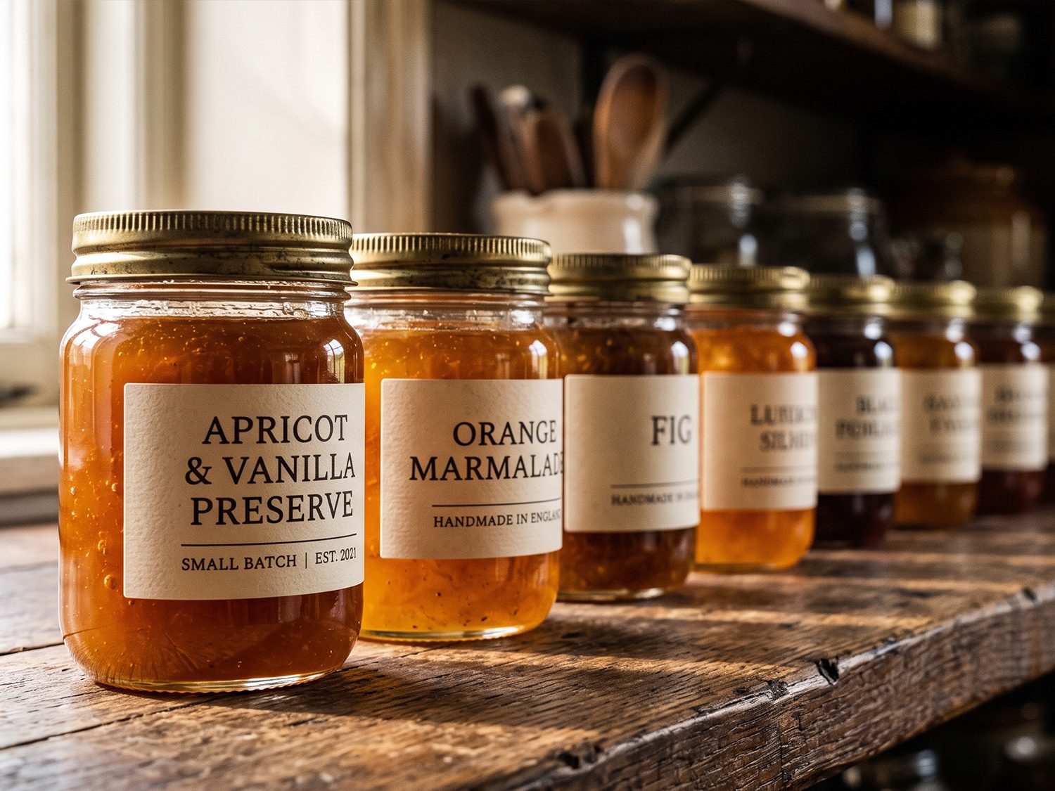 Glass jars of preserves lined up on a shelf, each carrying a printed front label.